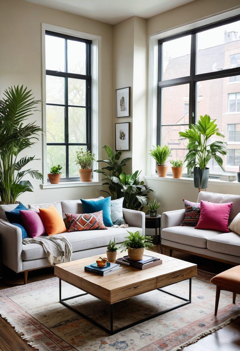 A cozy and stylish living room featuring a blend of modern and eclectic decor. Include vibrant throw pillows, a chic coffee table, and indoor plants that add freshness. Soft natural light floods through large windows, creating an inviting atmosphere. Incorporate trendy art pieces on the walls for a joyful touch. super-realistic. vibrant colors. cozy ambiance.