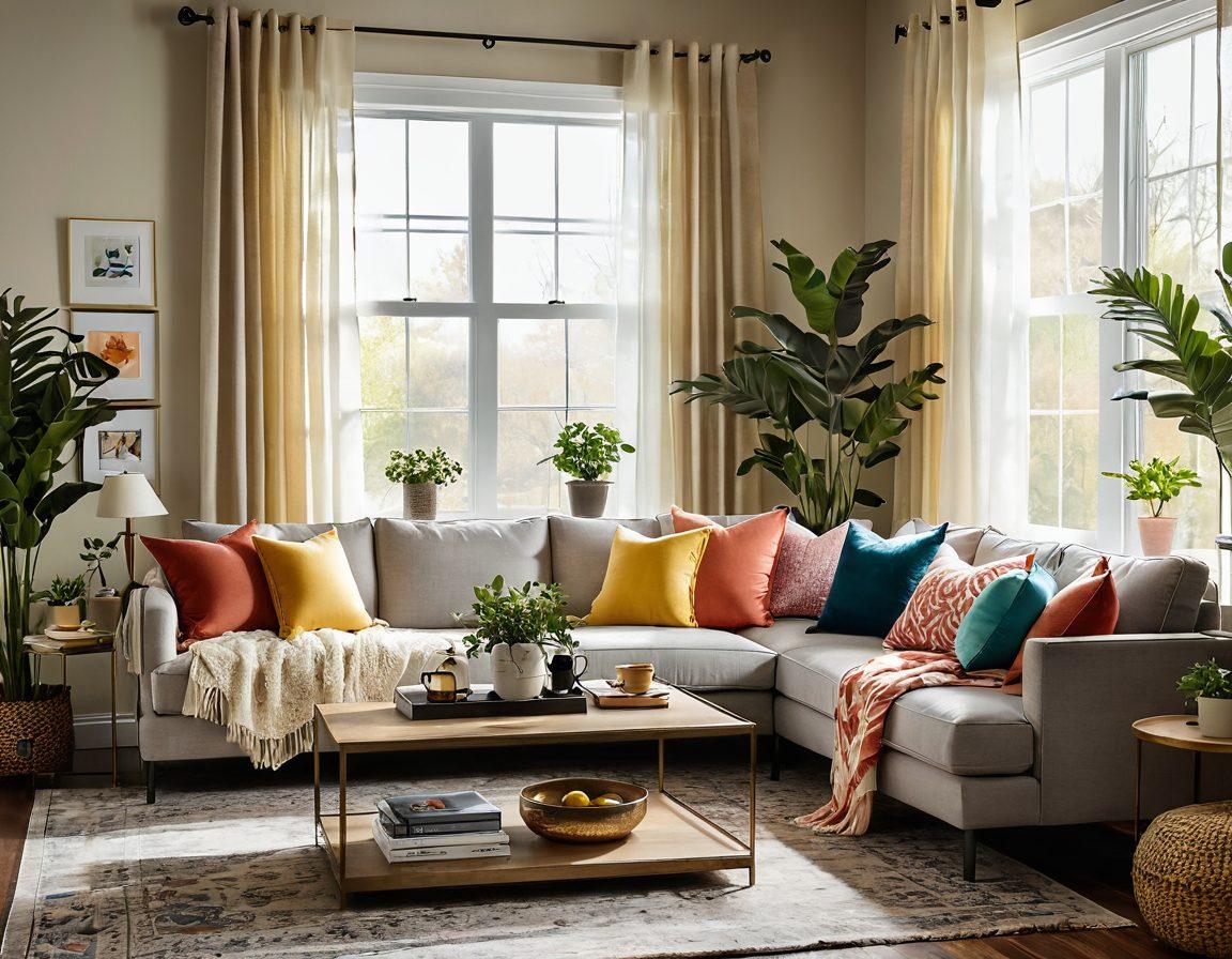 A cozy living room showcasing affordable decor hacks, featuring colorful throw pillows, stylish wall art, and budget-friendly plants. Soft morning light filters through sheer curtains, creating a warm atmosphere. Include a chic coffee table with DIY decorations and a cheerful sofa. The scene evokes a sense of bliss and comfort. vibrant colors. super-realistic.